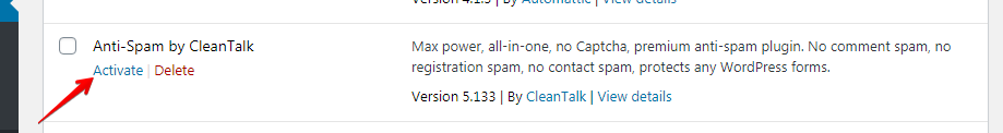 WordPress Anti-Spam plugin activation